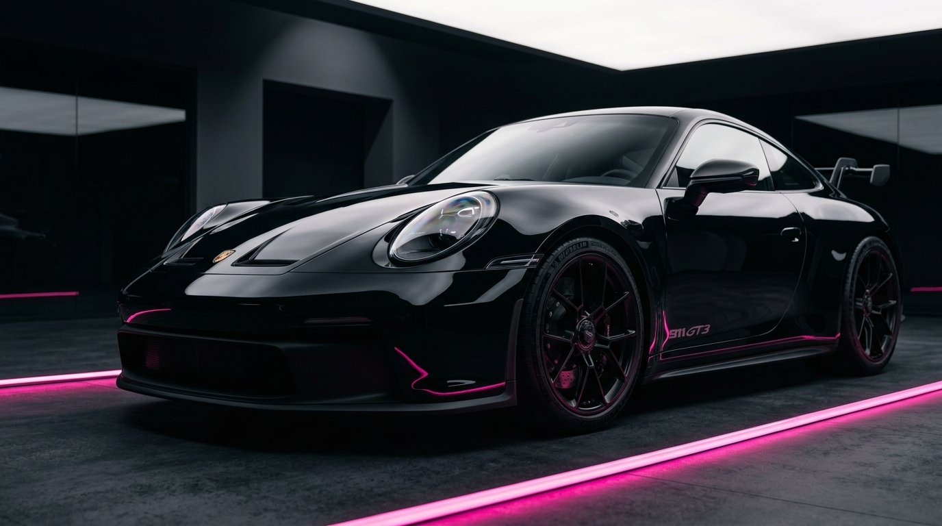 Sleek black Porsche 911 in dynamic studio lighting